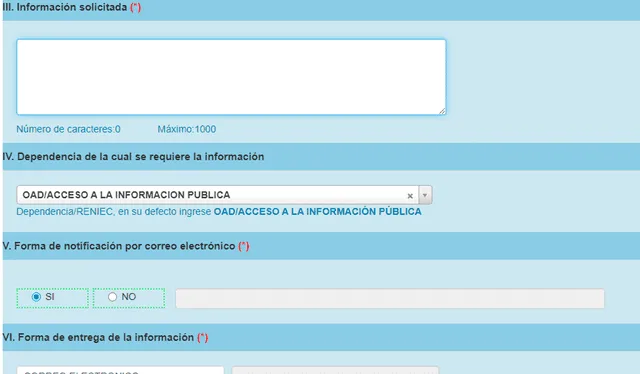  Esta es la plataforma en la cual se puede solicitar la información pública en Reniec. Captura: Reniec   