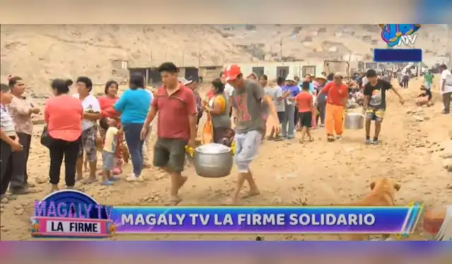La producción de Magaly Medina llegó hasta Jicamarca para brindar ayuda alimentaria a damnificados. Foto: YouTube/Magaly ATV.   