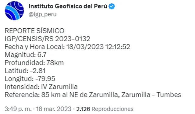 Tuit en el que el IGP informa del sismo registrado a noroeste de Zarumilla. Foto: Twitter/IGP   