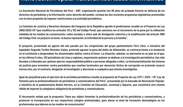 Comunicado de la Asociación Nacional de Periodistas sobre los 2 proyectos de ley en contra de la libertad de expresión. Foto: ANP 