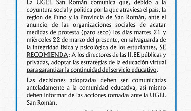  Comunicado de la entidad. Foto: UGEL San Román - Juliaca   