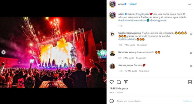 Wisin y Yandel quedaron encantados con el público peruano. Foto: Instagram/Wisin 