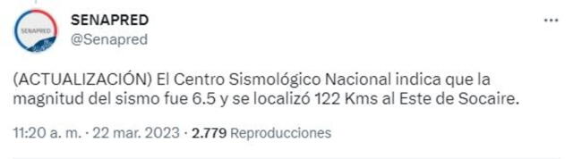 SENAPRED sobre sismo en Chile, hoy miércoles 22 de marzo. Foto: captura @Senapred/Twitter   