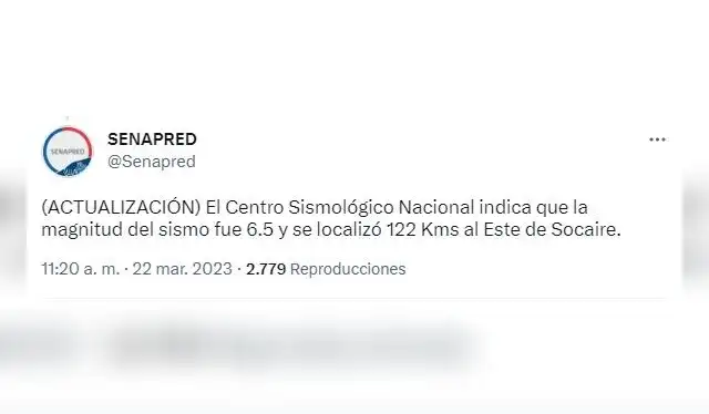 SENAPRED sobre sismo en Chile, hoy miércoles 22 de marzo. Foto: captura @Senapred/Twitter SENAPRED sobre sismo en Chile, hoy miércoles 22 de marzo. Foto: captura @Senapred/Twitter
