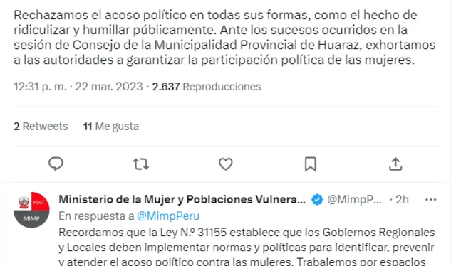  Municionamiento del Ministerio de la Mujer y Poblaciones Vulnerables. Foto: captura de Twitter 