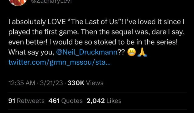  Tuit de Zachary Levi en el que le pide a Neil Druckman estar en la serie. Foto: Zachary Levi/Twitter   