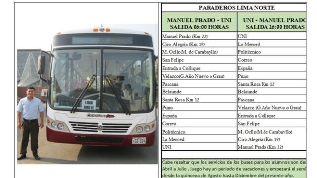 Esta es ruta norte de los autobuses gratuitos de la UNI. Foto: UNI   