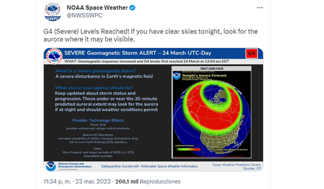  Alerta de tormenta solar nivel 4 en curso, emitida por la NOAA. Foto: Twitter    