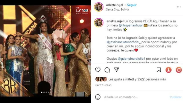  Arlette Rujel celebra haber ganado Miss Hispanoamérica 2023. Foto: captura/Instagram    
