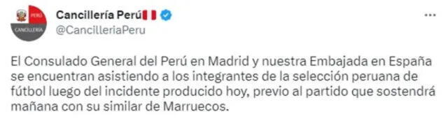  El mensaje de la Cancillería del Perú. Foto: Twitter 