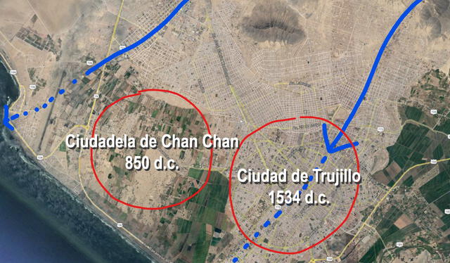 La ciudadela de Chan Chan y Trujillo se encuentran a 5 kilómetros de distancia. Foto: Twitter @Aldo_FD   