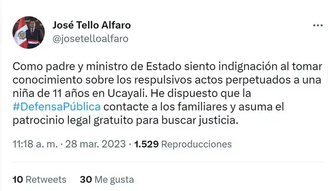 Ministro se pronunció sobre caso en Ucayali. Foto: captura de Twitter/José Tello Ministro se pronunció sobre caso en Ucayali. Foto: captura de Twitter/José Tello
