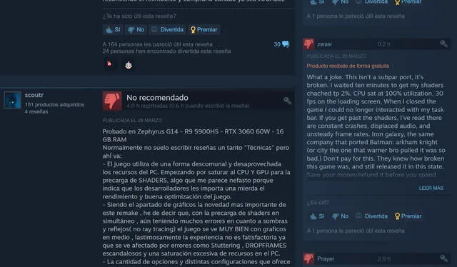 La página de la tienda de Steam muestra cientos de reseñas negativas para el recién estrenado The Last of Us Parte 1. Foto: Steam   