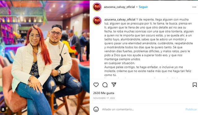 Mensaje que dedicó a su pareja. Foto: Instagram Azucena Calvay   