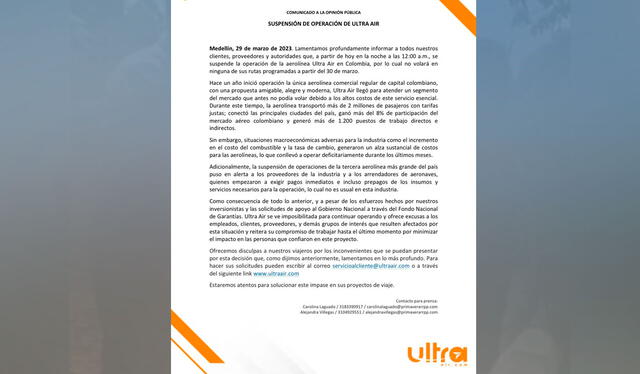  Ultra Air anunció la suspensión de sus operaciones en Colombia desde las 12.00 a. m. del 30 de marzo. Foto: Ultra Air    