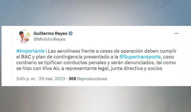  El ministro Reyes se refirió al anuncio de Ultra Air de suspender sus operaciones en Colombia. Foto: Twitter/@MinistroReyes  