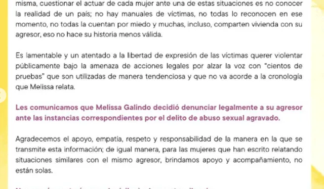  Melissa Galindo hace oficial su denuncia contra Kalimba y detallas el rol de los medios y seguidores sobre el tema. Melissa Galindo / Instagram 