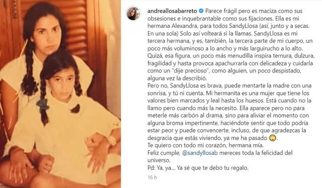  30.03.2023 | Publicación de Andrea Llosa dedicada a su hermana ‘Sandy’ Llosa. Foto: captura Instagram<br><br>    