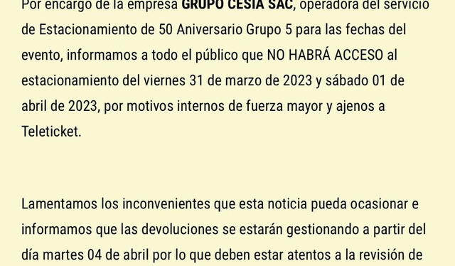  Teleticket informa que servicio de estacionamiento no estará disponible. Foto: captura de Teleticket   