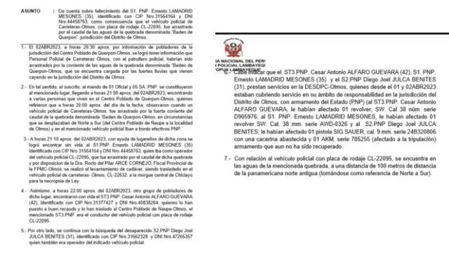  Parte policial con respecto al accidente de tres policías en el río Baden, Olmos. Fuente: PNP    