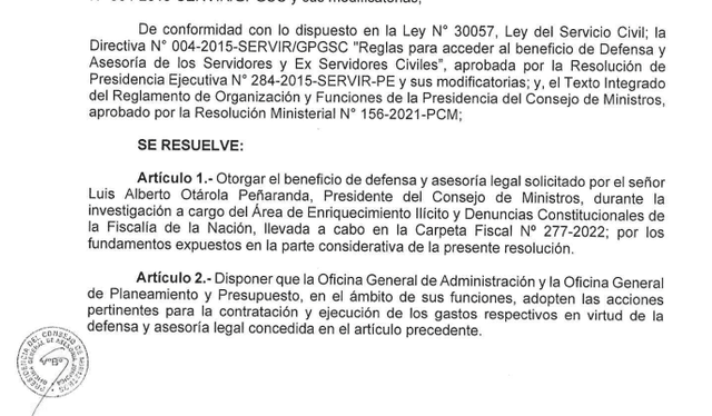  El Estado pagó S/39.000 por defensa legal del primer ministro. Foto: captura de la resolución N° 012-2023-PCM/SG    