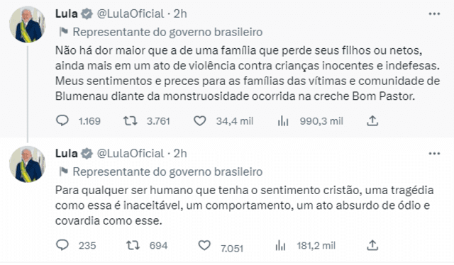  Pronunciamiento del presidente Luiz Inácio Lula da Silva sobre brutal asesinato a 4 menores en una guardería. Foto: captura de Twitter    