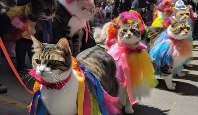 Gatos con ponchitos de colores para desfilar. Foto: Twitter    