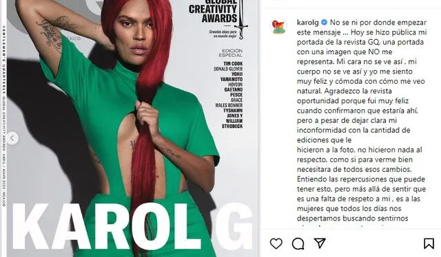  Karol G compartió la portada en la que denuncia exceso de retoque fotográfico. Foto: captura de Instagram/Karol G    