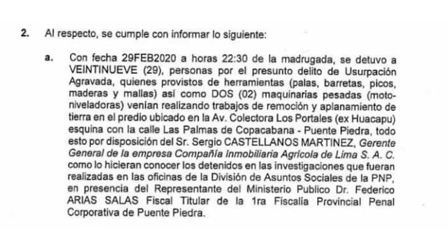  Informe policial sobre usurpación que cometió Sergio Castellanos con indebido respaldo de la Policía.   