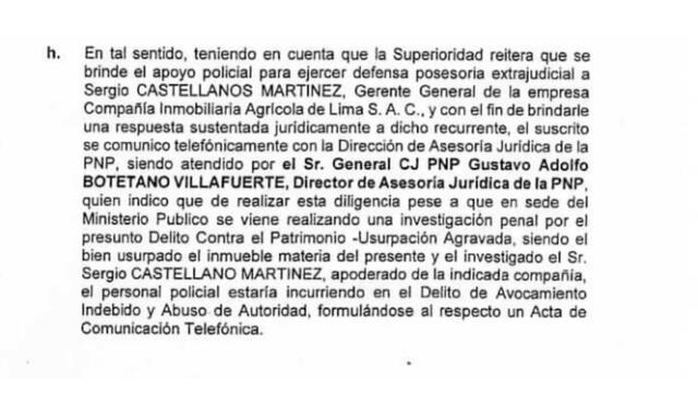  Informe policial sobre usurpación que cometió Sergio Castellanos con indebido respaldo de la Policía. Fuente: PNP   