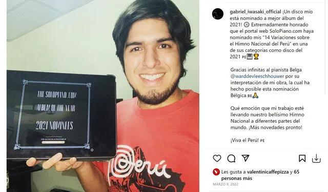  El disco “14 Variaciones sobre el Himno Nacional del Perú” de Gabriel Iwasalo nominado a mejor álbum del 2021. Foto: Gabriel Iwasaki/Instagram<br><br>    