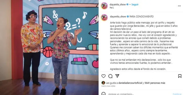 Dayanita confirma su salida de "JB en ATV" y se despide por redes sociales. Foto: Instagram/Dayanita   