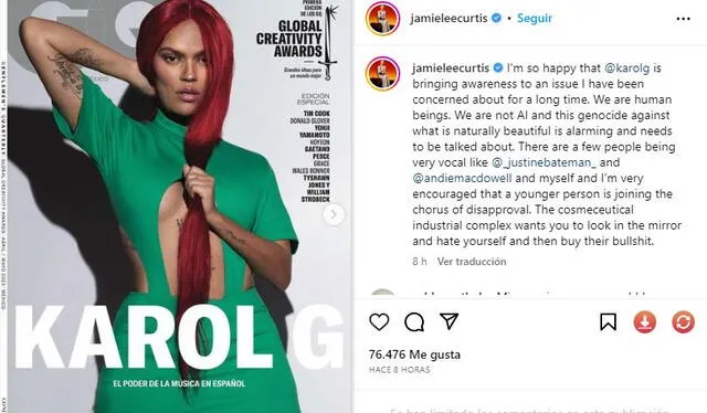  Jamie Lee Curtis se manifiesta contra revista. Foto: captura/Instagram    