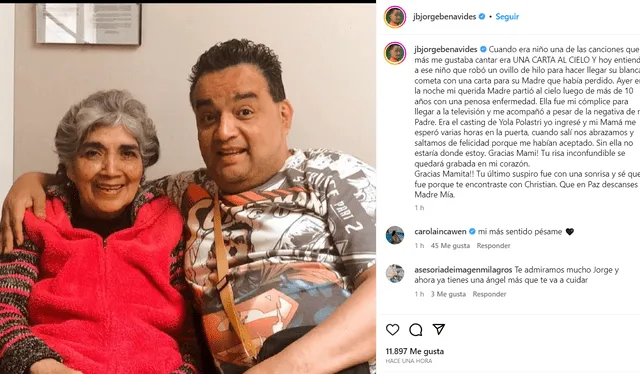  Jorge Benavides comunica el fallecimiento de su madre mediante su cuenta oficial de Instagram. Foto: captura de Instagram/Jorge Benavides   