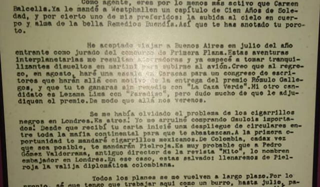  Correspondencia. Antes de distanciarse, Vargas Llosa y Gabriel García Márquez intercambiaban cartas. En esta misiva, Gabo habla de viajes, libros y la adicción compartida por el tabaco. Foto: Difusión.    