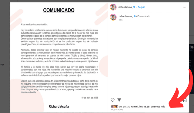  Richard Acuña no aguantó las declaraciones de su expareja Camila Ganoza. Foto: captura de Instagram   