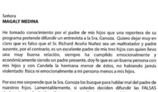  La primera esposa de Richard Acuña mandó una carta notarial a Magaly Medina. Foto: Richard Acuña/Instagram   