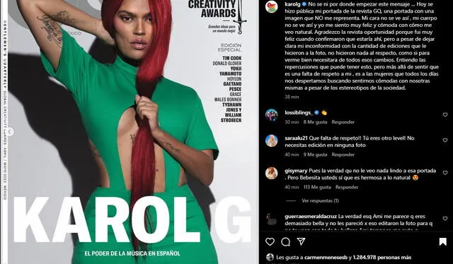 Karol G compartió la portada en la que denuncia exceso de retoque fotográfico. Foto: captura/Karol G/Instagram 