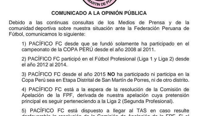 El último comunicado de Pacífico FC que aclara la situación actual del club. Foto: Facebook Pacífico FC   