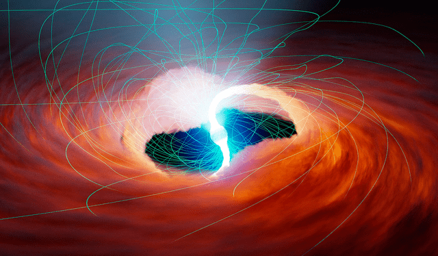  Ilustración de la estrella de neutrones M82 X-2, extrayendo material de otra estrella mientras sus campos magnéticos (líneas verdes) alteran su entorno. Imagen: NASA.    
