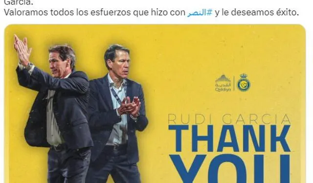 El tweet de la cuenta oficial de Al-Nassr que confirma la salida de Rudi García. Foto: Captura   