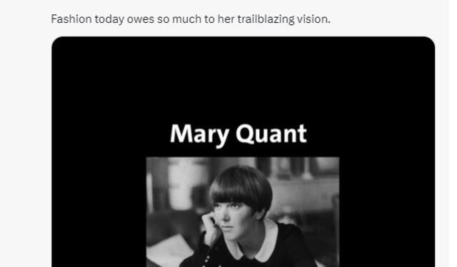 Reacciones tras la muerte de la diseñadora de modas Mary Quant. Foto. captura de Twitter 