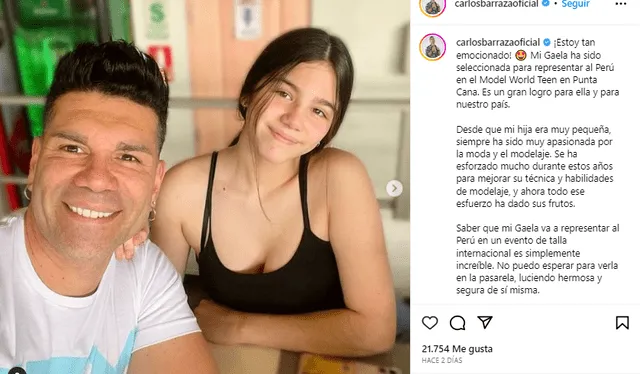  El emotivo mensaje de Carlos 'Tomate' Barraza a su hija Gaela Barraza. Foto: Carlos Barraza/Instagram   
