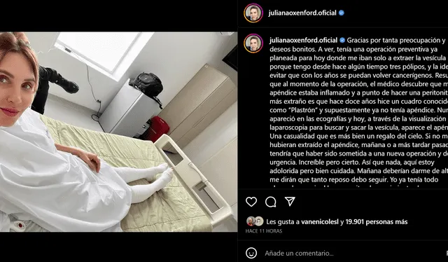  Juliana Oxenford habla de su operación. Foto: Instagram/Juliana Oxenford   