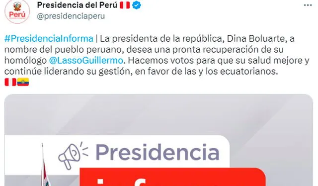  Pronunciamiento de la presidenta de Peú, Dina Boluarte, sobre la salud de Guillermo Lasso. Foto: captura de Twitter @presidenciaperu    