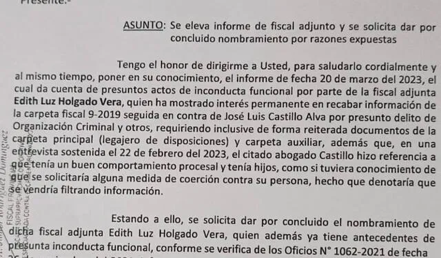 Oficio remitido al coordinador del Equipo Especial de fiscales, Jorge Luis Diaz Cabello.