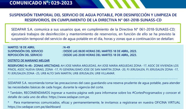  Cortes de agua, martes 18 de abril. Foto: Sedapar   