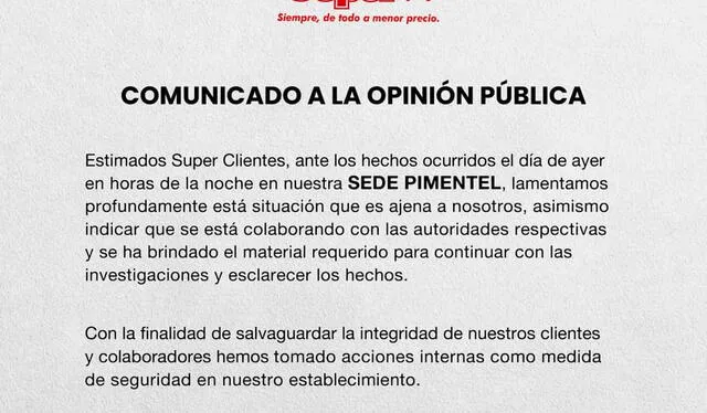  Empresa de supermercados Super comunicó que colaborará con la justicia para dar con los asaltantes. Foto: Supermercados Super/Facebook 