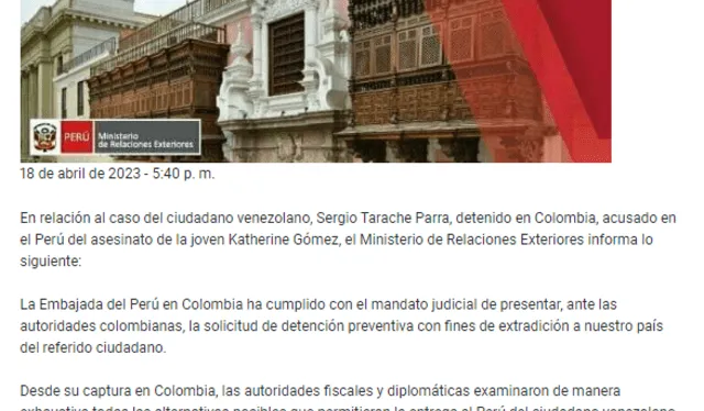 La solicitud de prisión preventiva con fines de extradición fue solicitada por la Embajada de Perú en Colombia. Foto: Ministerio de Relaciones Exteriores.   