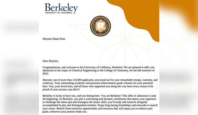  Carta de aceptación de la UC Berkeley. Foto: Jheysser Rojas/Facebook   